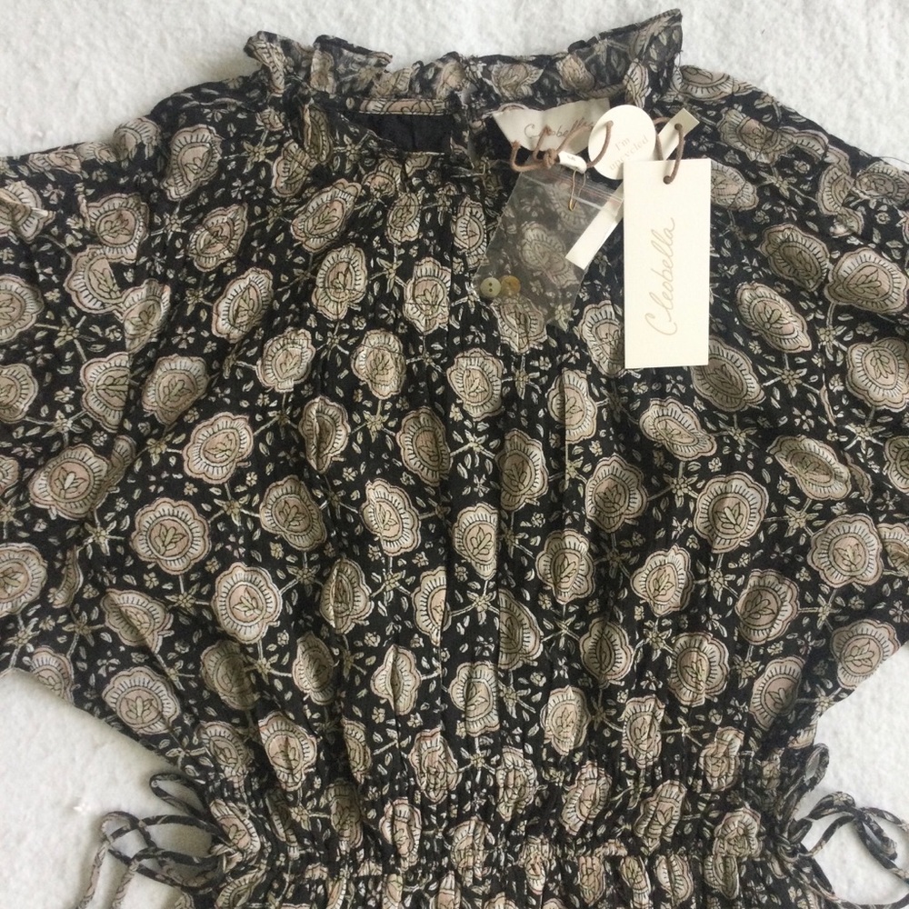 CLEOBELLA CONTEMPORARY MIDI BOHO BLACK HAND PRINTED FLORAL SMOCKED DRESS M NWT